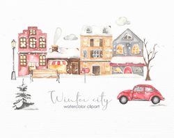 Winter city. Watercolor clipart. Christmas town, European houses, Christmas clipart, car, tree, snow, tree, bridge