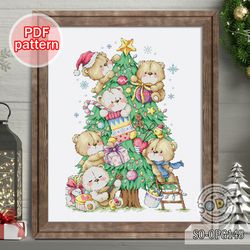 christmas cross stitch pattern pdf teddy bear winter holiday soda stitch decor modern instant pdf so-opg148 'tree bear'