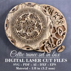 Digital laser cut file for Celtic runes set in round box, Wooden runes SVG, GlowForge files, Material - 3.2 mm (1/8")
