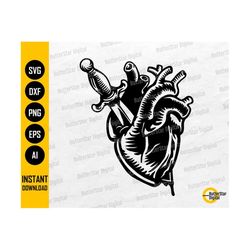 Dagger Through Anatomical Heart SVG | Love Tattoo Stencil Decal T-Shirt Design | Cricut Silhouette CNC Clipart Vector Di