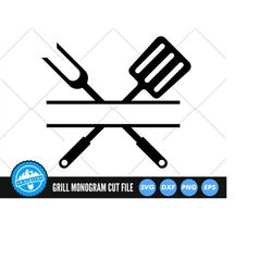 BBQ Grill Utensils Monogram SVG Files | Crossed Grill and Spatula SVG Cut Files | Barbeque Clip Art Vector Files | Grill