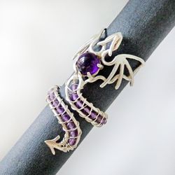 silver dragon ring / purple dragon / amethyst jewelry / wire wrap ring
