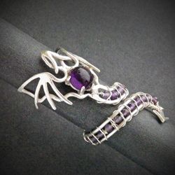 Silver Dragon ring / Purple dragon / amethyst jewelry / Wire wrap ring