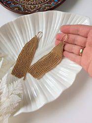 Gold beaded earrings - Long statement earrings - Dangling high quality fringe earrings - boho bohemian western jewelry g