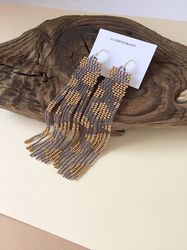 Long statement fringe beaded earrings with gold print - Dangling boho earrings - Unique handwoven high quality jewelry