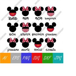 Family Mouse Vector Dad, Mum, Mom, Son, Daughter, Disneyy Digital Download SVG, EPS, Png, Jpeg, Dxf
