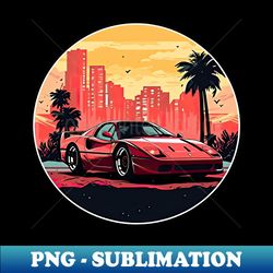 Ferrari inspired car in front of a vintage retro sunset - PNG Transparent Sublimation Design - Spice Up Your Sublimation Projects