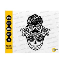 Hair Bun Sugar Skull SVG | Dia De Los Muertos T-Shirt Decal Sticker Stencil Graphics | Cricut Cut File Clipart Vector Di