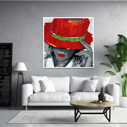 art of woman in red hat, woman in red hats canvas, beautiful girl art, red hats wall art
