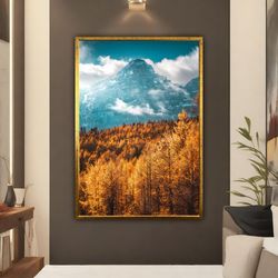 fall landscape canvas, forest and mountain wall art, landspace poster, trees canvas print
