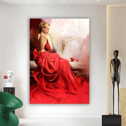 red hat woman painting, woman in red hats canvas, beautiful girl art, red hats wall art