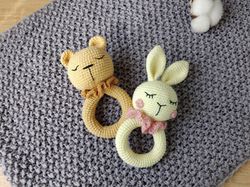 natural baby toys cotton crochet bunny teether. teether toy for babies bear gift. christening gift for mom.