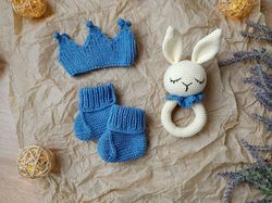 Gift box for baby set blue - rodents bunny, crown, booties. Christening or expecting a baby. Gift set for a newborn baby