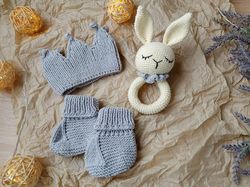 Gift box for baby set gray rodents bunny, crown, booties. Christening or expecting a baby. Gift set for a newborn baby