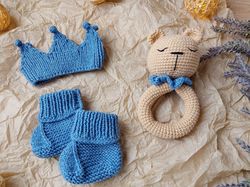 Gift box for baby set blue rodents bear, crown, booties. Christening or expecting a baby. Gift set for a newborn baby