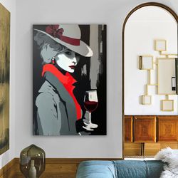 Canvas Of A Woman In A White Hat Holding Red Wine Glasses, Mysterious Mood Style, Dark Pink And Dark Gray, Yellow, Dark