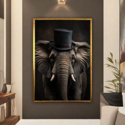 elephant with hat canvas painting, cute elephant art, elephant poster, elephant canvas print, elephant framed painting