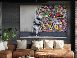 Behind The Curtain, Banksy Wall Art, Urban Style Canvas, Kids Graffiti Wall Art, Modern Street Art, Martin Watson Canvas