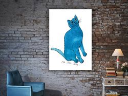 Blue Cat Canvas, Cartoon Cat Painting, Cat Wall Art, Kids Room Animal Painting
