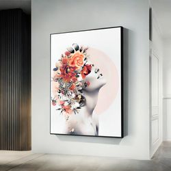 Flower Head Woman Canvas Wall Art, Rose Head Girl Canvas Print Art, Butterfly Girl Canvas, Abstract Flowers Woman Print