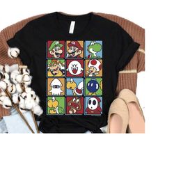 Super Mario Retro Squares Group Shot Graphic T-Shirt, Classic Mario Vintage Shirt, Magic Kingdom, Disneyland WDW Trip Fa