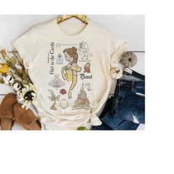 Disney Beauty And The Beast Characters Sketched T-Shirt, Belle Princess Shirt, Disneyland Trip Family Matching Outfits,