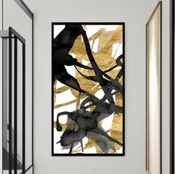 Gold Abstract Canvas Painting, Black And Gold Modern Abstract Art, Panoramic Abstract Poster, Framed Abstract Canvas Pri