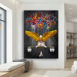 Golden Winged Angel Painting, Flying Angel Canvas, Graffiti Angel Painting, Street Art, Pop Art Canvas, Angel Wall Art