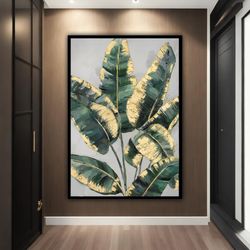 Green And Gold Tropical Leaves Canvas Painting, Artistic Leaf Painting, Leaves Canvas Print, Tropical Wall Art