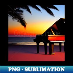 A Piano Sitting On The Beach At Sunset With A Palm Tree Near It - Stylish Sublimation Digital Download - Perfect for Personalization