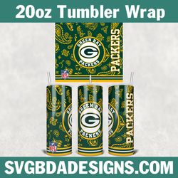 Green Bay Packers Football Paisley Style Tumbler Wrap, NFL Football Tumbler 20oz, NFL Football Tumbler Template