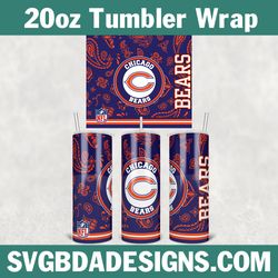 Chicago Bears Football Paisley Style Tumbler Wrap, NFL Football Tumbler 20oz, NFL Football Tumbler Template