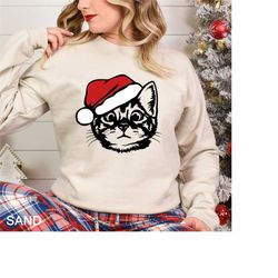 black cat and santa hat christmas sweatshirt,christmas lights cat sweater,cat lover xmas shirt,santa cat sweater,christm