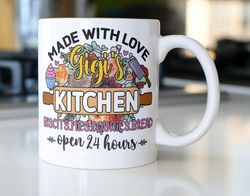 GiGis Kitchen coffee mug stating  Made With Love GiGis KITCHEN BiscuitsPiesCookiesBread Open 24 Hours