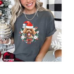 Merry Christmas Wreath Poodle Shirt, Comfort Colors Dog Tee, Christmas Wreath Dog Tshirt, Christmas Wreath Santa Dog, CR