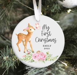 Baby 1st Christmas Ornament, Personalized Woodland Girl Deer Ornament