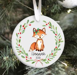 Baby 1st Christmas Ornament, Personalized Woodland Girl Fox Christmas Ornament