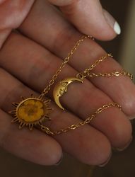 Sun and moon necklaces, Pressed buttercup flower necklaces, Gold stainless steel necklaces