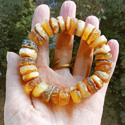 Real Amber Bracelet Boho Jewelry Large disk beads Raw stone Jewelry Baltic Amber Bracelet elastic band Jewelry for women