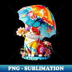Floral Cat with Umbrella - PNG Transparent Digital Download File for Sublimation - Capture Imagination with Every Detail