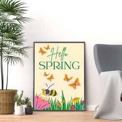 Hello Spring Wall Art, Printable Wall Art, Floral Art, Daisy Print, Spring Wall Decor