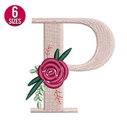 Floral Alphabet P Letter embroidery design, Machine embroidery pattern, Instant Download