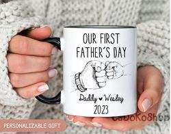 our first father's day coffee mug, personalized mug gift for first time dad, cute daddy and baby mug fist bump, custom m