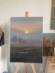 original sunrise landscape painting, large oil on canvas, mist oil painting, moody wall decor, foggy art