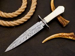 Handmade Feather Pattern Damascus Steel Hunting Knife Bone Handle with Sheath