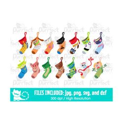 Character Toys Christmas Stockings Design SVG Bundle Pack, Digital Cut Files in svg, dxf, png and jpg, Printable Clipart