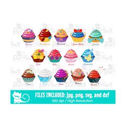 Princesses Cupcakes Design SVG Bundle Pack, Digital Cut Files in svg, dxf, png and jpg, Printable Clipart, Instant Downl