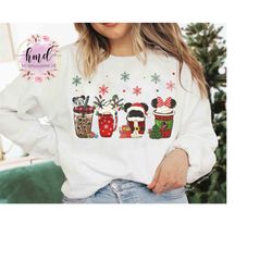 Cute Mickey Minnie Christmas Coffee Tea Snow Sweatshirt, Disney  Latte Drink Cup Epcot Xmas T-shirt, Disneyland Family V