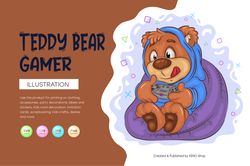 Cartoon Teddy Bear Gamer. T-Shirt, PNG, SVG.