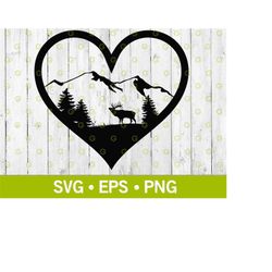 mountain scenery with elk and trees love heart svg, hunting decal svg, hunter scenery svg, outdoors scenic heart, elk sv
